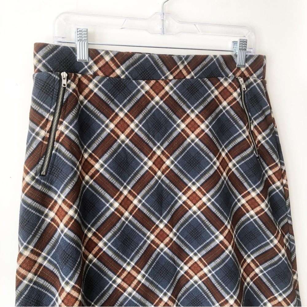 Le Lis Maura A-Line Plaid Skirt Slate Blue/ Brown Pull On Elastic Waist Size L - Picture 5 of 11